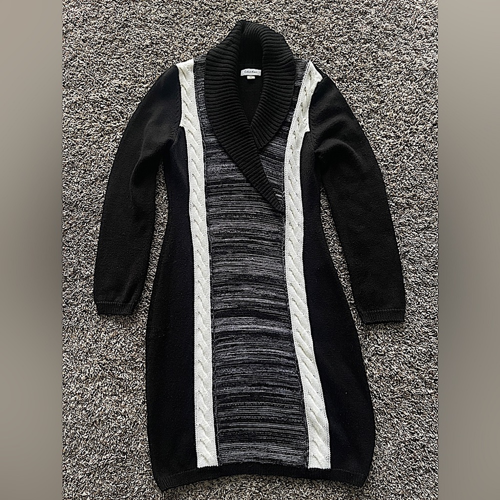 Calvin Klein Womens Sweater Dress Cable Knit Black White Long Sleeve Size Medium